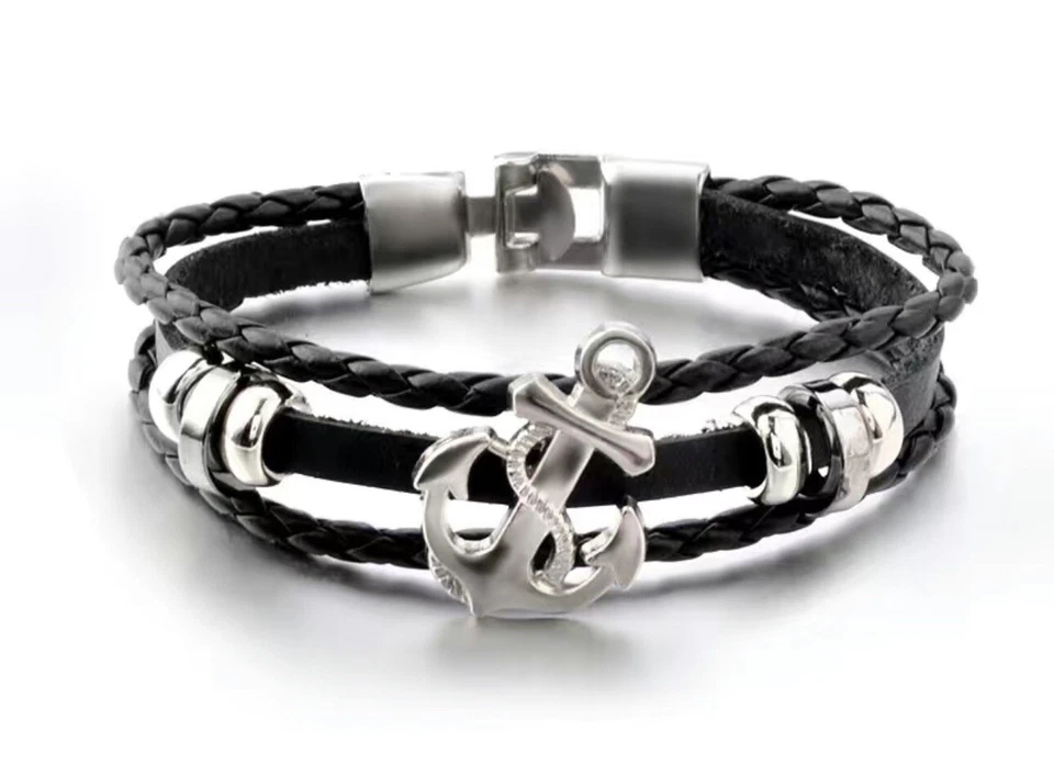 Bracciale Uomo con Ancora e cordoncino cuoio pelle  - Idea regalo - Immagine 1 di 1