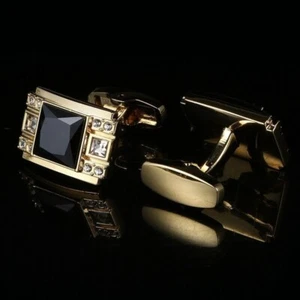 Men Shirt Cufflinks 2Ct Princess Lab Created Black Diamond 14KYellow Gold Plated - Picture 1 of 5