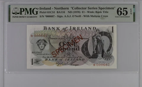 Ireland - Northern Collector Series P-61CS1 Specimen £1 BA116 ND (1978) -65 EPQ Cover