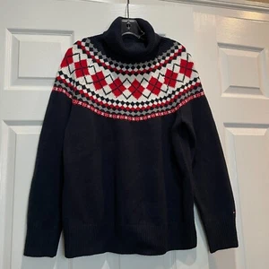 Tommy Hilfiger Women's L Knit Sweater Turtleneck Pullover Navy Red White Argyle - Picture 1 of 15