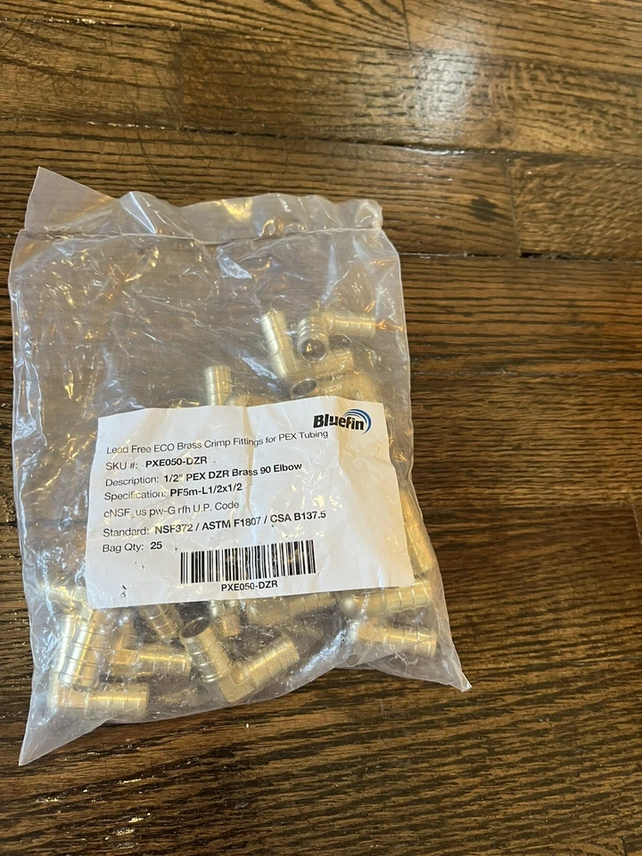 25 Pack BlueFin PXE050 1/2" PEX Crimp DZR Brass 90° Elbows (Lead Free) - Image 1 of 1