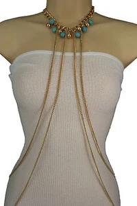Women Ball Pendant Gold Metal Body Chain Necklace Fashion Jewelry Blue Turquoise - Picture 1 of 12