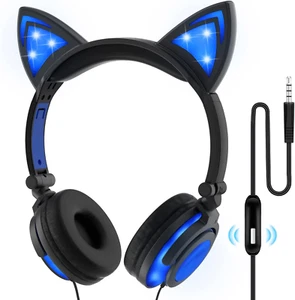 Foldable Cat Ear Kids Headphones with Mic, Adjustable Volume LED Flashing Lights - Picture 1 of 12