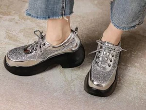 Fashion Women's Round Toe Lace up Platform Wedge Heels Sequins Shoes Athletic - Picture 1 of 8