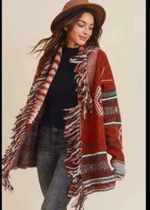 Doe & Rae Medium Brown Aztec Geometric Western Cardigan Fringed Storied Legends - Picture 1 of 12