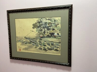 Oriental Asian Watercolor Museum Quality Framed Sea Front Signed Chop Mark - Image 1 of 4