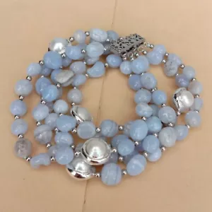5 Strands Natural Blue Lace Agate Cultured White Pearl Beaded Bracelet - Picture 1 of 6