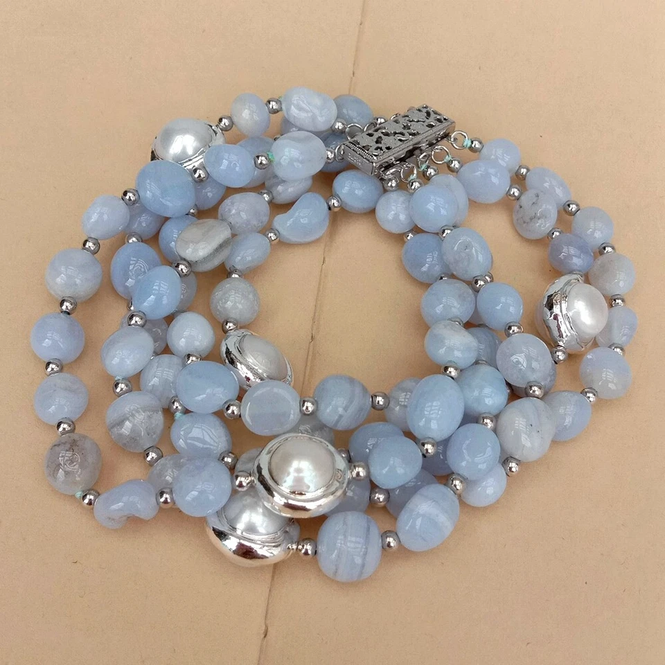 5 Strands Natural Blue Lace Agate Cultured White Pearl Beaded Bracelet - Image 1 of 4