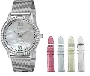 NEW GUESS SILVER,CRYSTALS,5 PC SET+BANDS,MESH BRACELET WATCH+JEWELRY BOX-U0785l1 - Picture 1 of 4