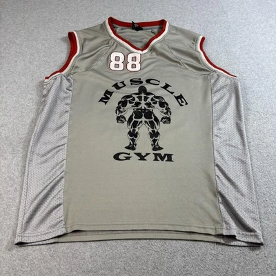 Muscle 健身房衬衫男式 2XL 灰色无袖球衣 88 图形网眼身体生成器 Y2K — 第 1/4 张图片