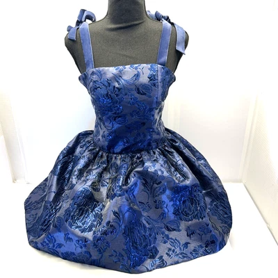 Alice Olivia Mini Midnight Blue Fit & Flare Metallic Look Velvet Bow Straps SZ 0 - Image 1 of 4