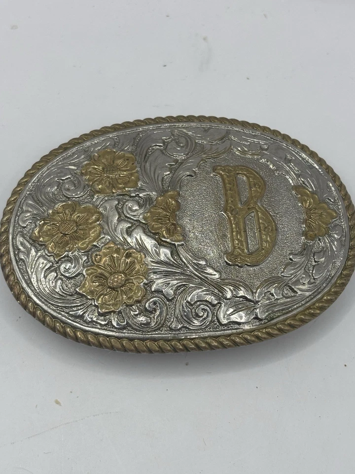 VTG  Crumrine Western Belt Buckle Monogram Letter B Silver Gold  Belt Buckle - Image 1 of 4