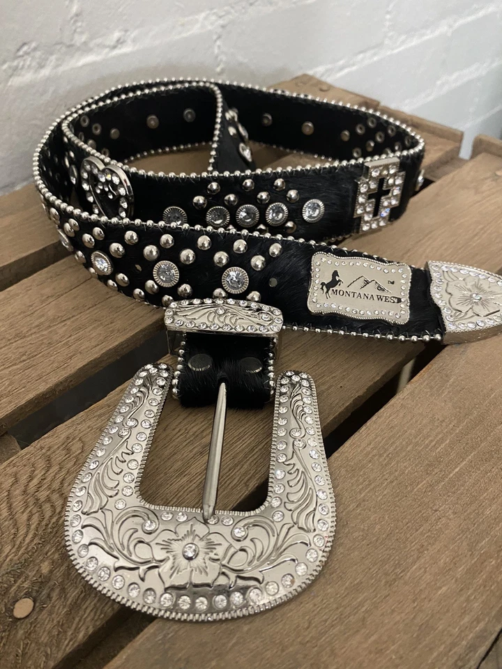 Montana West 女式西部水钻女牛仔腰带印花 38 码黑色皮  — 第 1/4 张图片