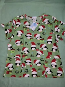 WOMENS XL simply basic scrub WITH PENGUINS AND SANTA HATS - Picture 1 of 7