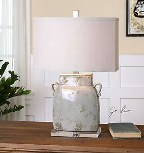 Wide Urn Distressed Gray Table Lamp | Cottage Antique Country
