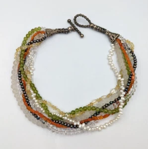 Sterling Silver Multi Strand Necklace Semiprecious Gemstones Pearl Toggle Clasp - Picture 1 of 19