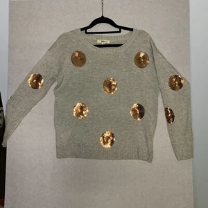 Women Size S Grey and Gold Sequins Dots Long Sleeve Pullover Jumper INTO Brand - Picture 1 of 8