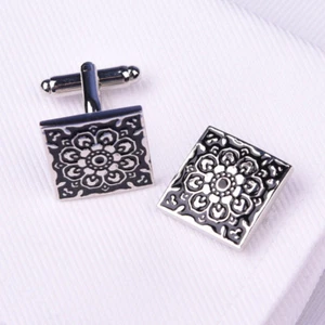 Square Silver Men's Cuff Links Men's Fashion Floral Blast Cufflinks Accessory GQ - Picture 1 of 2