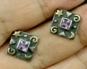 Amethyst Square .925 Sterling Silver 22K Gold Moon Star Post Stud Earrings - Picture 1 of 3