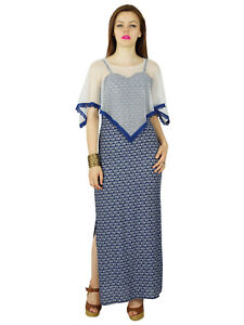 Bimba Women Long Blue Maxi Dress With Net Poncho Summer Gown With Side Slit