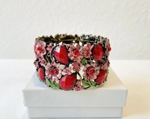 Enamel Multi Color Flower Rhinestone Flexible Wide Cuff Bracelet-Pink Rose - Picture 1 of 4