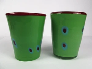 Pair of Handblown Art Glass Green W/ Dark Red Rim Drinking Glass Tumbler 8 oz - Bild 1 von 4