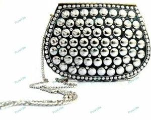 Women's New Metal Stone Fashionable Hand Bag Clutch Sling PartyWear Bag - Picture 1 of 9