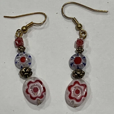 Gold Tone Dangle Earring Murano Glass Floral Beads Red And Blue Glass Beads - Image 1 of 4