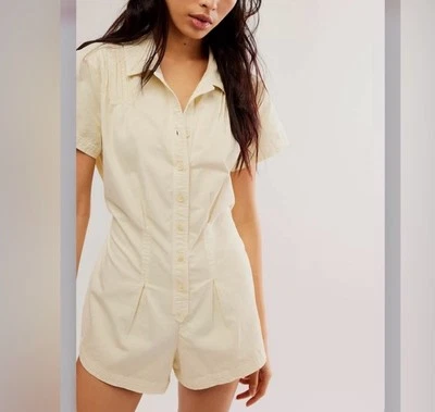 Free People Keep It Crisp Shortall Romper Size Medium Ivory Cotton $128 - Image 1 of 4
