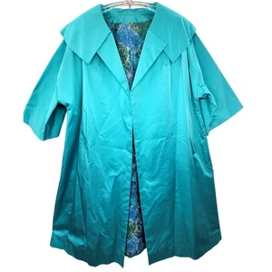 Vintage 60s Blue Satin Swing Coat Floral Lined Three Quarter Sleeve Elegant - Picture 1 of 9