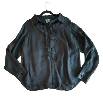 Blusa Lauren Ralph Lauren Negra Seda Volantes Mujer 16W Abotonada Manga Larga Foto 1 de 4