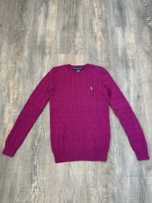 女士 Ralph Lauren 运动毛衣中号电缆针织标志紫色粉红色小马 Y2K 复古 — 第 1/4 张图片