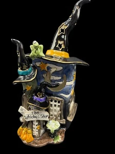 Blauer Himmel Halloween Hexenladen Teelicht Kerze Haus Dekor Tonarbeiten 13" x 8" - Bild 1 von 9