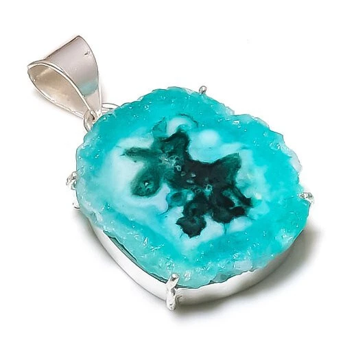 Pingente solar de quartzo drusa pedra preciosa folheado a prata joia feita à mão 1,5" - Imagem 1 de 1