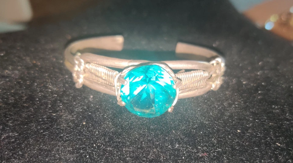 Blue Topaz Oval Gemstone Silver Plated Handmade Bangle Bracelet Vintage 1980s - Image 1 of 4