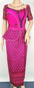 Cambodia Khmer Traditional Out fit Women Sz L Deep Pink Lace Korean Silk Skirt - Picture 1 of 11