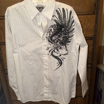 Bruno New York Men’s M White Grunge Y2K Print Long Sleeve Button Up - Image 1 of 4