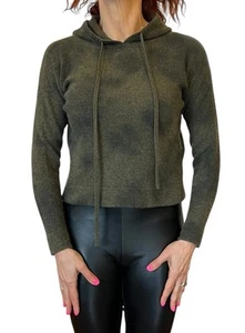 WOMEN'S KOKUN OLIVE GREEN OVERDYE CROP HOODIE PULLOVER SWEATER 100% CASHMERE S - Picture 1 of 12