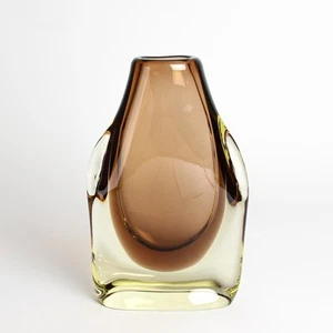 Jarrón de vidrio checo marrón amarillo Zelesny Brod Sklo ZBS Czech Studio Art 1960-70 - Imagen 1 de 6
