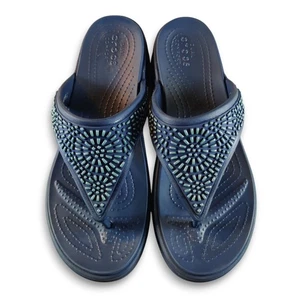 Crocs Womens Wedge Sandals 9 Blue Monterey Diamante Flip Flop Dual Comfort - Picture 1 of 6