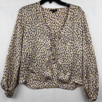 Blusa Topshop US 4 Estampado Leopardo Manga Larga Cuello en V Volantes Rosa Amarillo Negro Foto 1 de 4