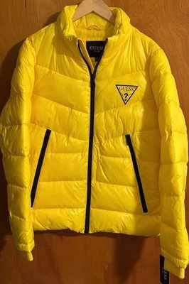 Guess Puffer Jacket Mens Medium Yellow Zip Pockets - Image 1 of 4