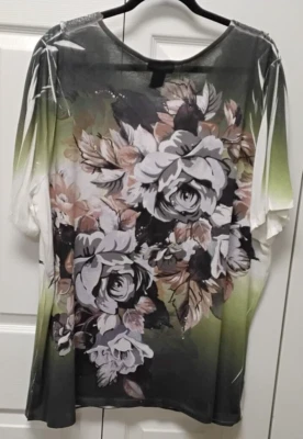 Туника Catherines рукав 3/4 дюйма с трафаретной печатью с цветочным рисунком и галстуком -1X - Изображение 1 из 4