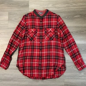 Vince Shirt Damen Größe 12 rot kariert geknöpft Lederbesatz langärmelig lässig - Bild 1 von 10