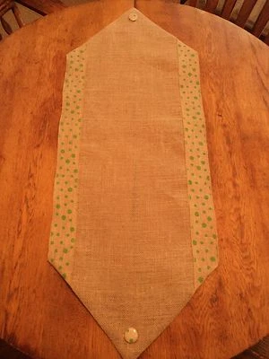 Handmade Burlap Table Runner- Natural Jute Burlap W/ GREEN Dot Border- 42" X 14" - Image 1 of 3