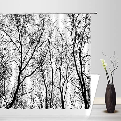  Rustic Tree Shower Curtain Tree Leafless Trunk Abstract 71"WX71"H Black White - Image 1 of 4