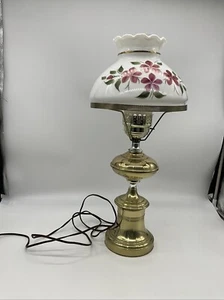 VTG Brass Lamp With Hand Painted Milk Glass Shade Magenta Floral - Picture 1 of 10