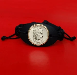 2009 Presidential Coin Genuine Leather Wristband Bracelet - John Tyler - Imagen 1 de 5