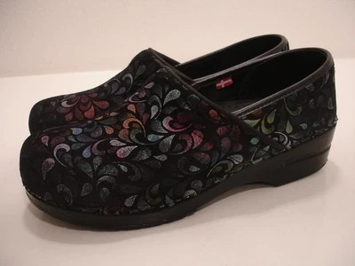 Para mujeres 10.5 11 42 Sanita Pluma Motivo Floral Estampado Negro Gamuza Zuecos Zapatos Trabajo Foto 1 de 4