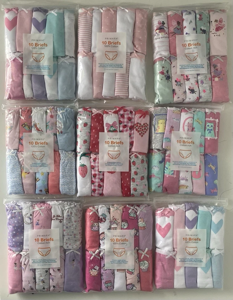 Primark confezione da 10 slip mutandine mutandine 100% cotone 2-15 anni